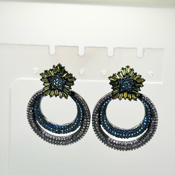 Statement Gunmetal & Blue Rhinestone Hoop Earrings with Floral Top - Picture 7 of 8